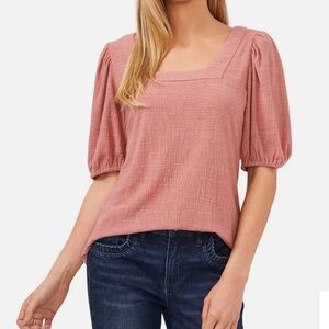 CeCe Short Puff-Sleeve Square Neck Knit Top in Antique Rose  Size L